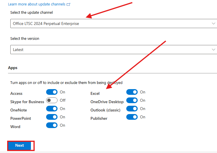 Update Channel and app selection