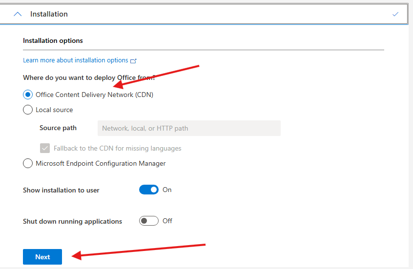 Installation settings in Customization Tool