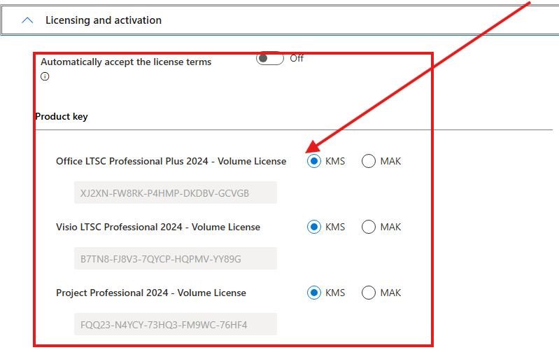 Licensing and Activation settings