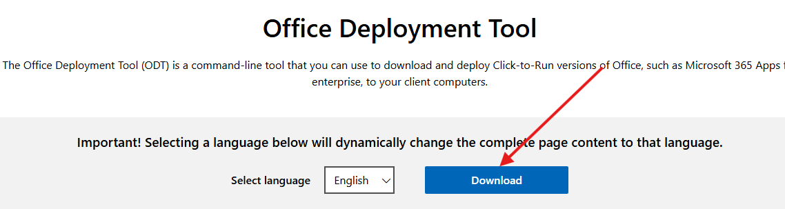 Download button for Office Deployment Tool